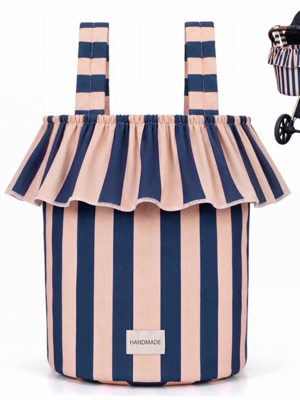 Striped Pink and Navy Kids Storage Bag with Ruffled Top